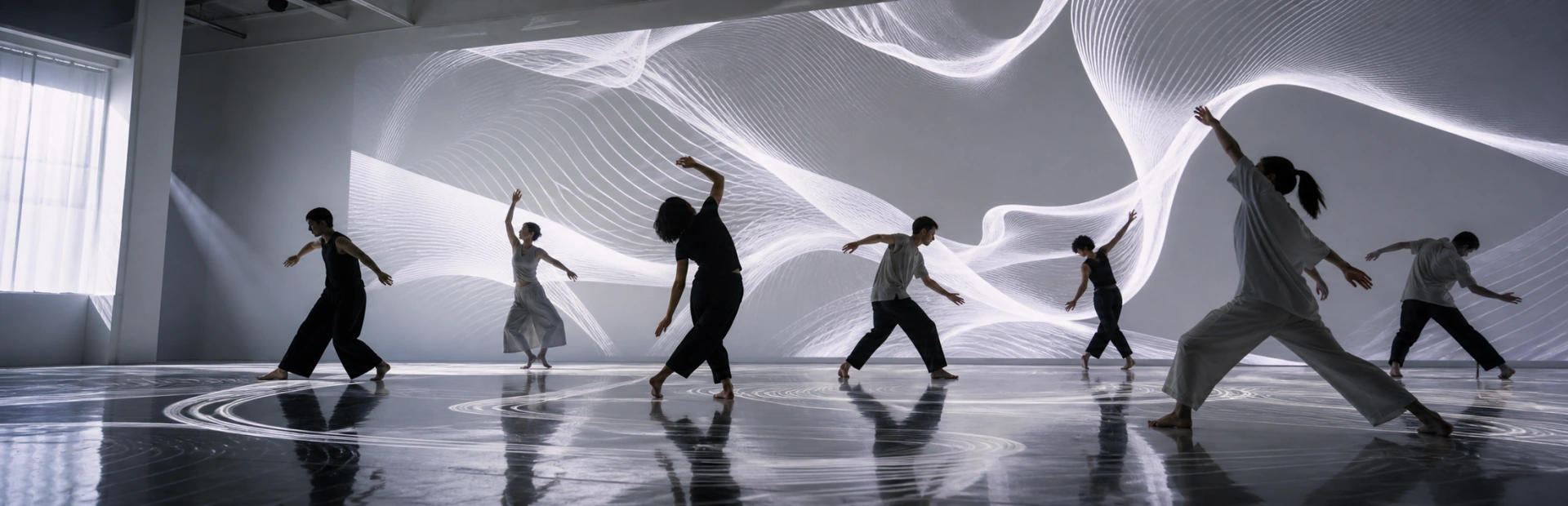 Dancers moving through projection light patterns in a studio