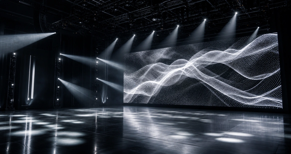 Empty stage with LED wave visuals and theatrical light beams