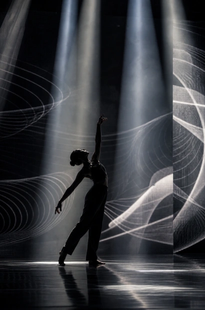 Solo dancer silhouette under projection beams and LED line visuals
