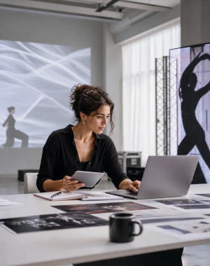 Visual producer reviewing dance stage visuals