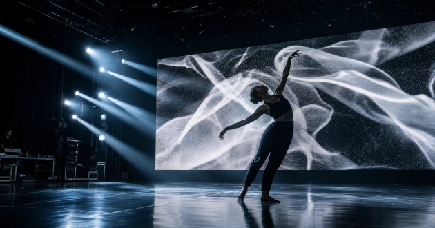 Dancer rehearsing with LED stage visuals