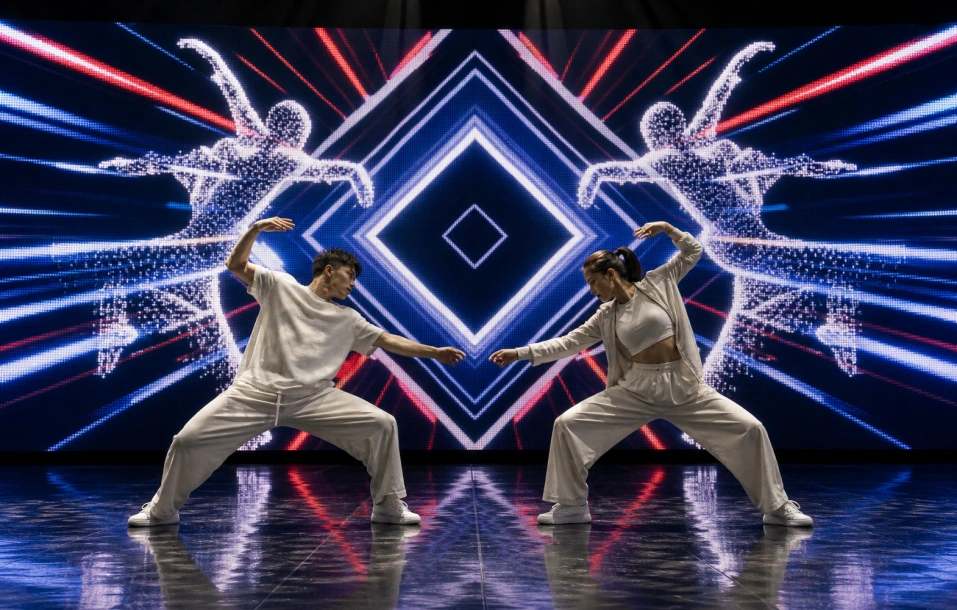 Two dancers performing in front of an interactive LED screen