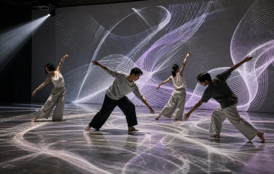 Four dancers performing with projected light patterns on floor and backdrop